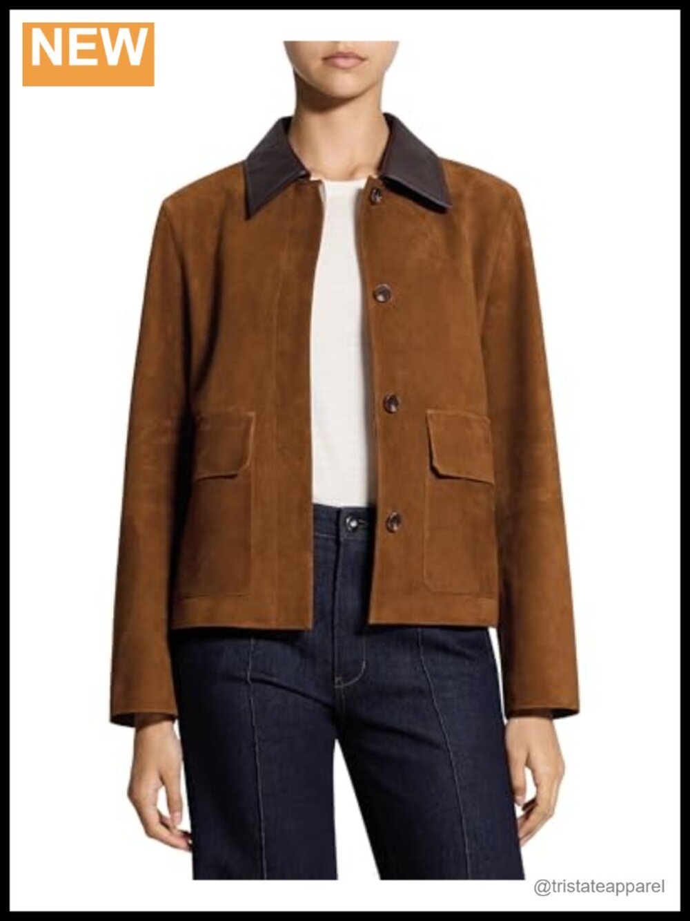 100% Suede Boxy Fit Jacket with Flap Patch Pockets and Hidden Placket